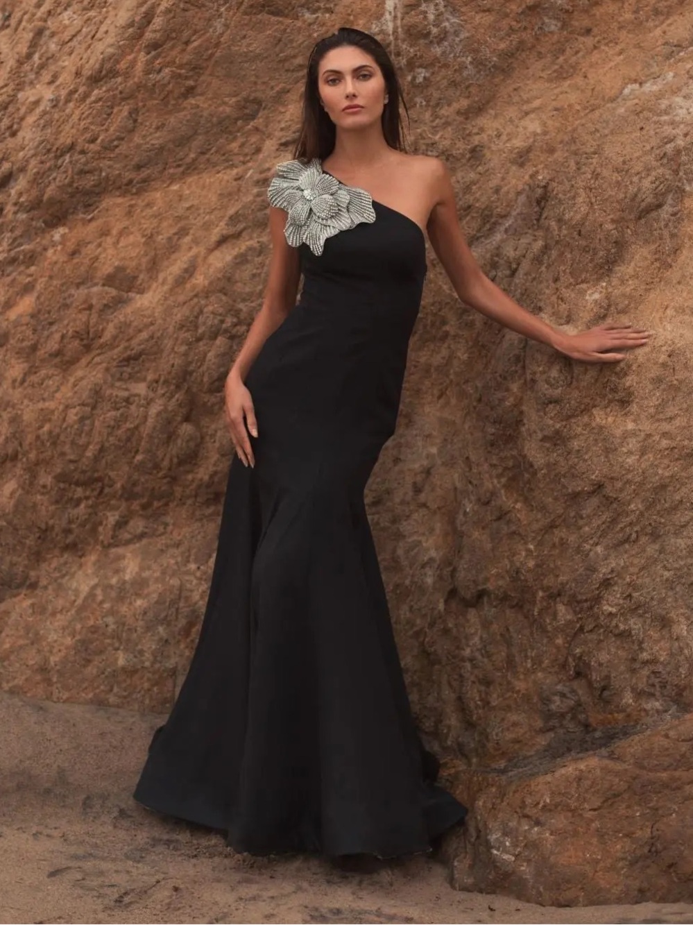 MAC DUGGAL Black Crepe One Shoulder Gown With Crystal Flower